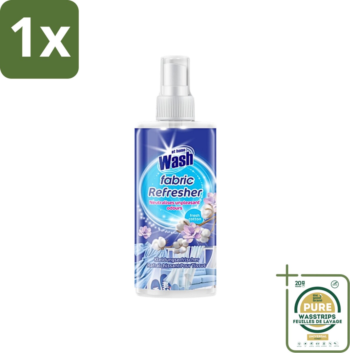 1 x At Home - Wash - Textielverfrisser - Fresh Cotton - Neutraliseert Onaangename Geuren - 300 ml- Textielverfrisser - Katoengeur - Geur Neutraliseren - Kleding Verfrissen - Stoffen Verfrissen