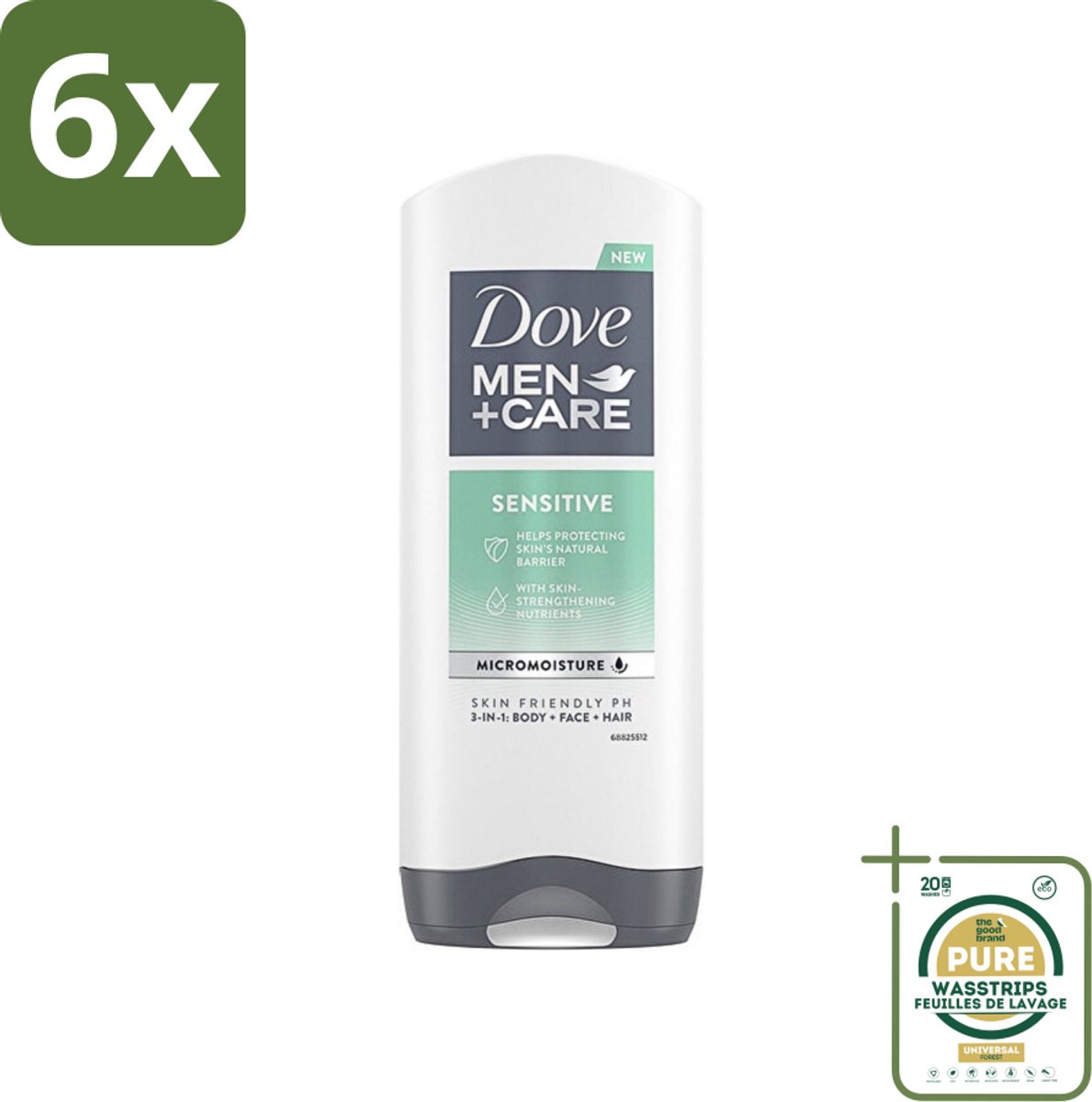 Dove - Shower Gel - 3-in-1 - Men Care Sensitive - Verfrissend en zacht - 400 ml - Voordeelverpakking - 6 stuks - Gevoelige huid - 3-in-1