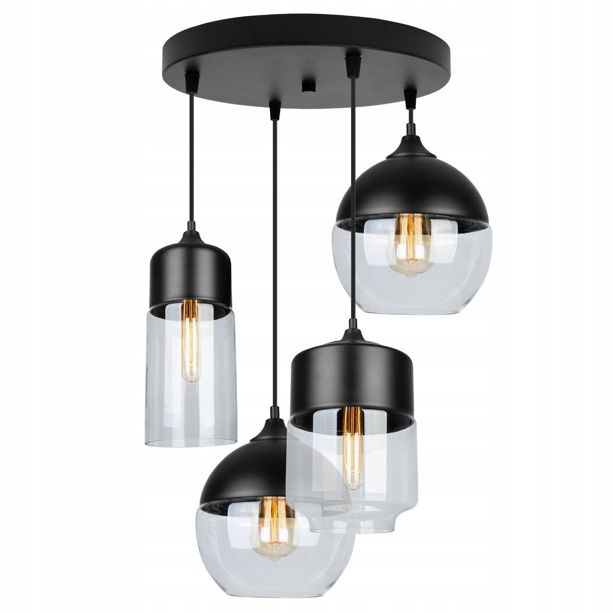 Moderne zwarte hanglamp met glazen kappen, verstelbare hoogte