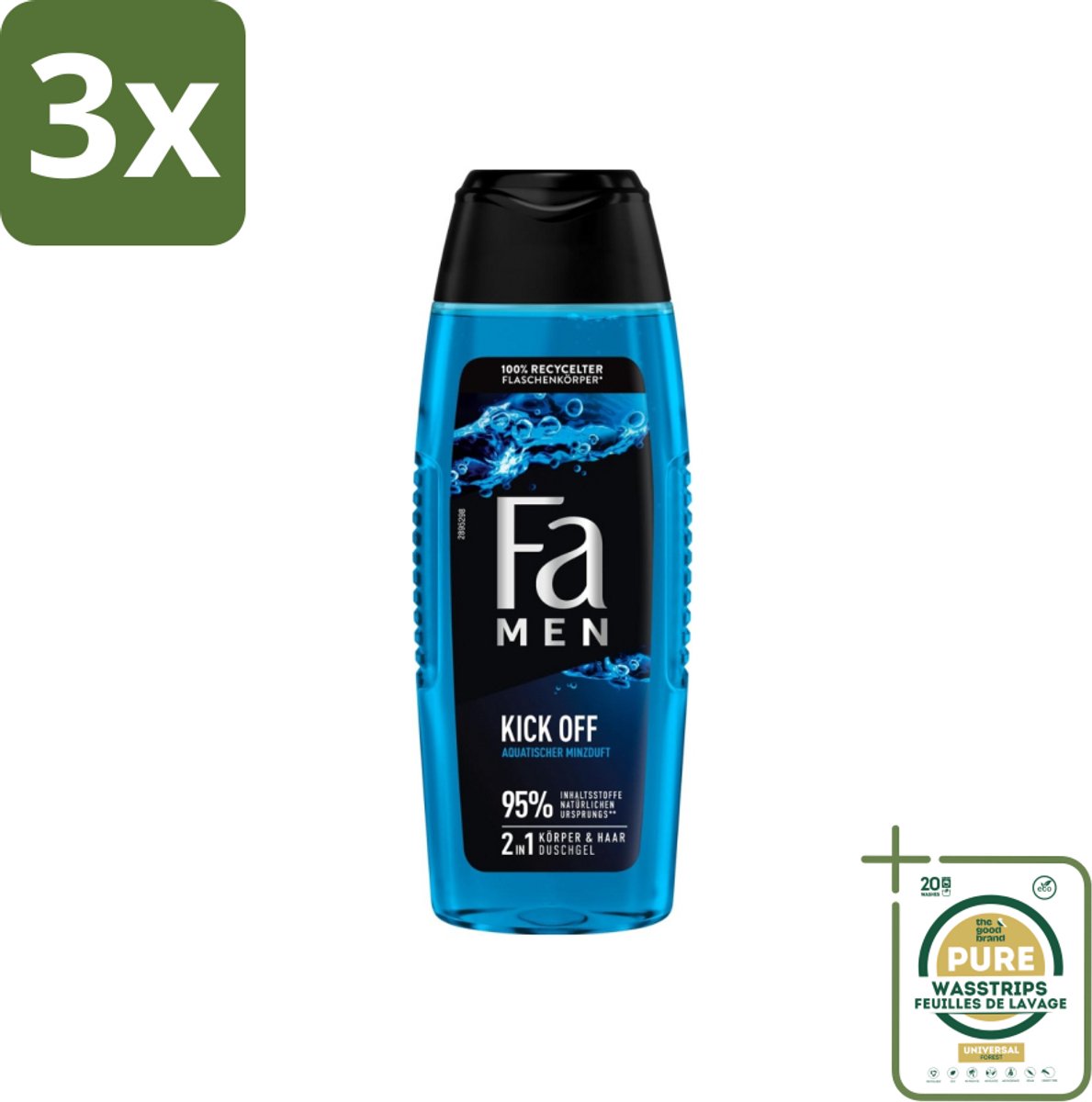 3 x Fa Men - Douchegel - Kick Off - Verfrissend & Energiek - Verzorgend - 250 ml - Grootverpakking - Douchegel Mannen - Watermunt Douchegel - Energieke Douche - Verfrissende Douche - Douchegel Voor Mannen
