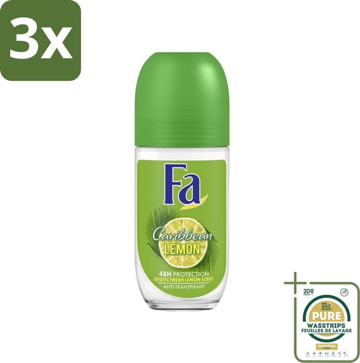 3 x Fa - Deodorant Roller - Caribbean Lemon - Verfrissend - 48 uur Bescherming - Citrusachtig - 50 ml - Grootverpakking - Deodorant Roll-on - 48 Uur Bescherming - Citrus Geur - Caribische Citroen - Fris