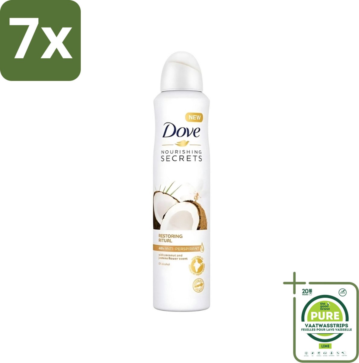 7 x Dove - Deodorant - Coconut & Jasmine Flower - Tropisch en verzorgend - 250 ml - Grootverpakking - Dove Deodorant Spray - Kokos En Jasmijn - Anti-transpirant Spray - Zachte Oksels - Geur Van Kokos En Jasmijn