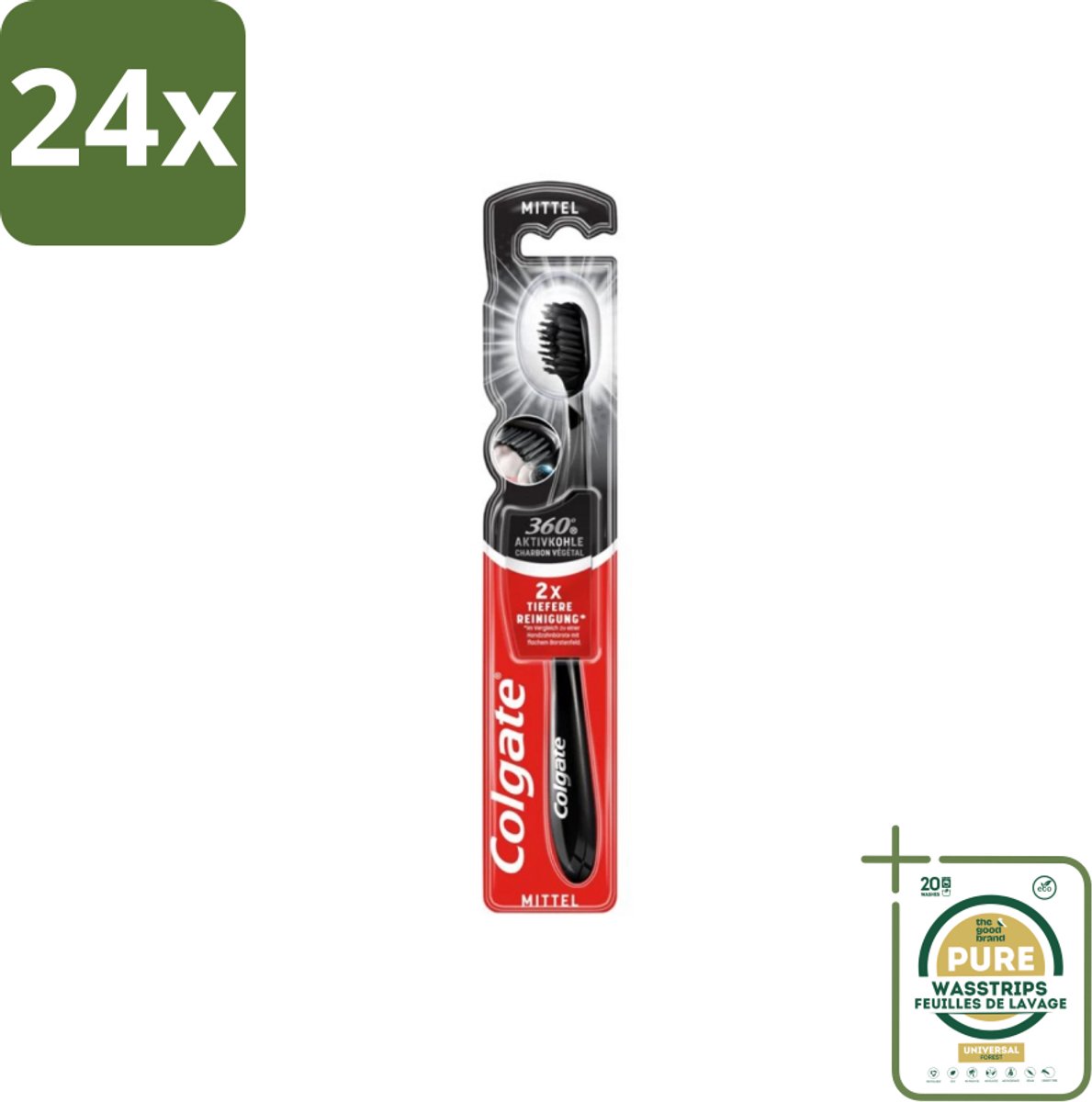 Colgate - Tandenborstel - Charcoal Black 360 Medium - Zwart - 1 Tandenborstel - Voordeelverpakking - 24 stuks - Tandenborstel houtskool - Mondverzorging