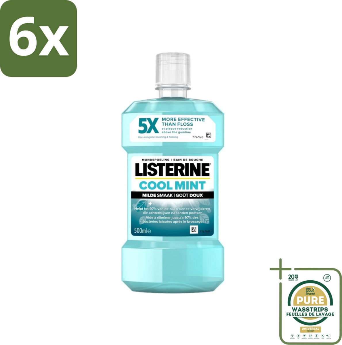 Listerine - Mondwater - Cool Mint - Milde Smaak - 500 ml - Voordeelverpakking - 6 stuks - Tandplak - Tandvlees