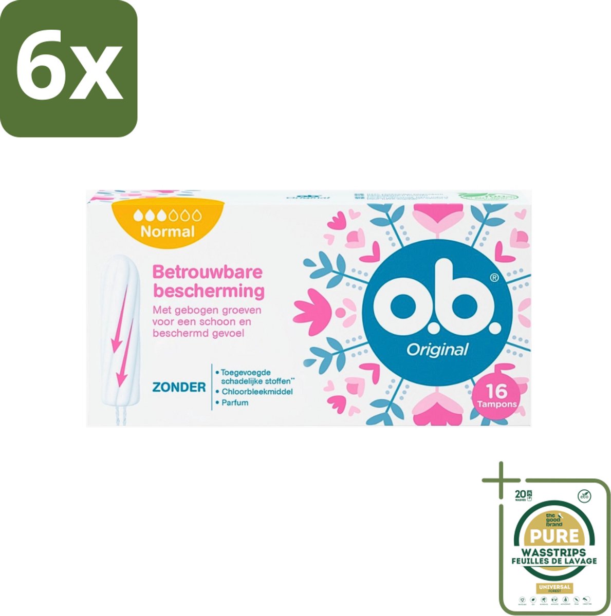 o.b. Tampons - Original Normal - Voor Comfort en Betrouwbare Bescherming - 16 Tampons - Voordeelverpakking - 6 stuks - Plantaardige tampons - Chloorvrije tampons