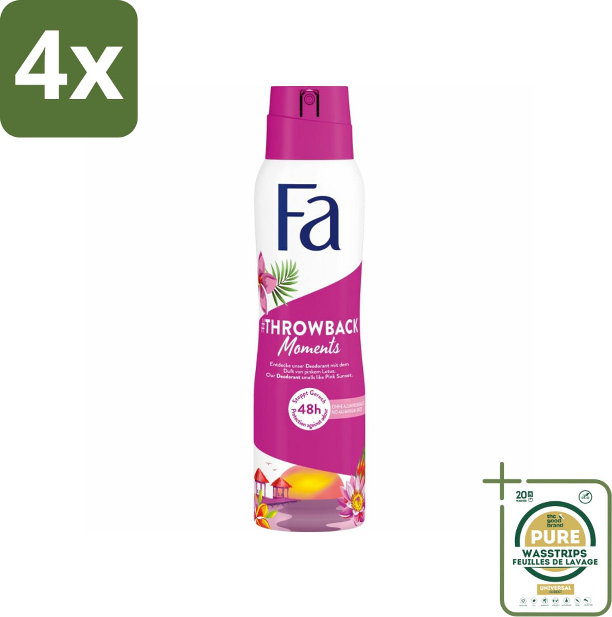Fa Deodorant Spray Throwback Moments 150 ml - Voordeelverpakking - 4 stuks - Roze lotus geur - Frisheid