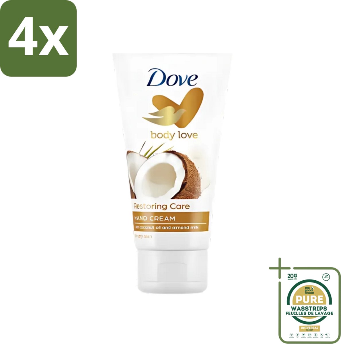 Dove - Handcrème - Body Love Restoring Care - Kokos & Almond - Hydraterend - Droge huid - 75 g - Voordeelverpakking - 4 stuks - Droge huid - Hydraterende crème