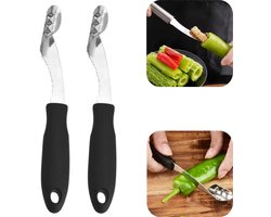 2 stuks zaadverwijderaar - peperzaadverwijderaar - groene paprika zaadverwijderaar - roestvrijstalen zaadverwijderaar - peperontkutter - met tandjes - scherp - keukenaccessoire - geschikt voor groenten, koken, keuken (zwart, 20*2 cm)