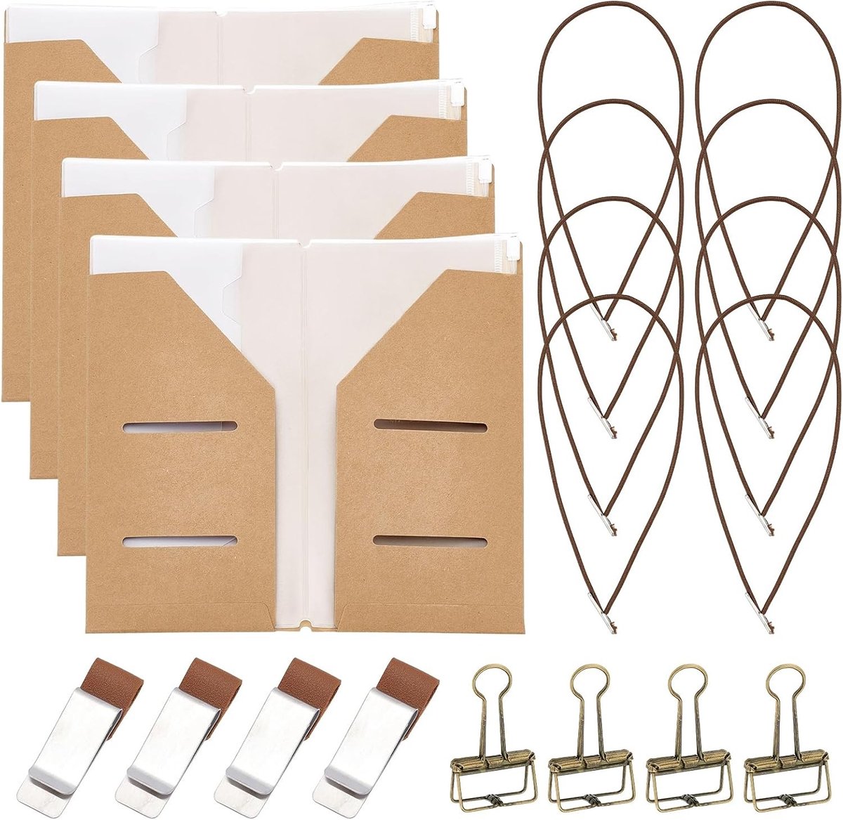 Complete 4-delige set voor reisdagboeken met transparante hoezen, pennenclips en elastische banden voor optimale organisatie en bescherming van je reismappen