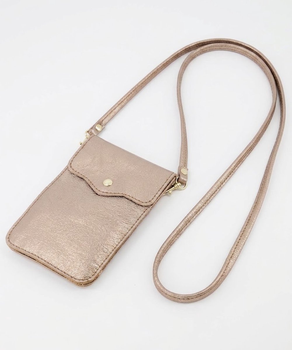Bronzen Metallic Leren Telefoontasje Basic - Metallic Leren Schoudertassen - Tweevaks - Leer - leder - Dames Tas Telefoontasjes - Brons