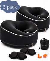 Morelia® 2x Volledige Set Nekkussen Zwart - Luxe Reiskussen voor het Vliegtuig en de Auto - Traagschuim