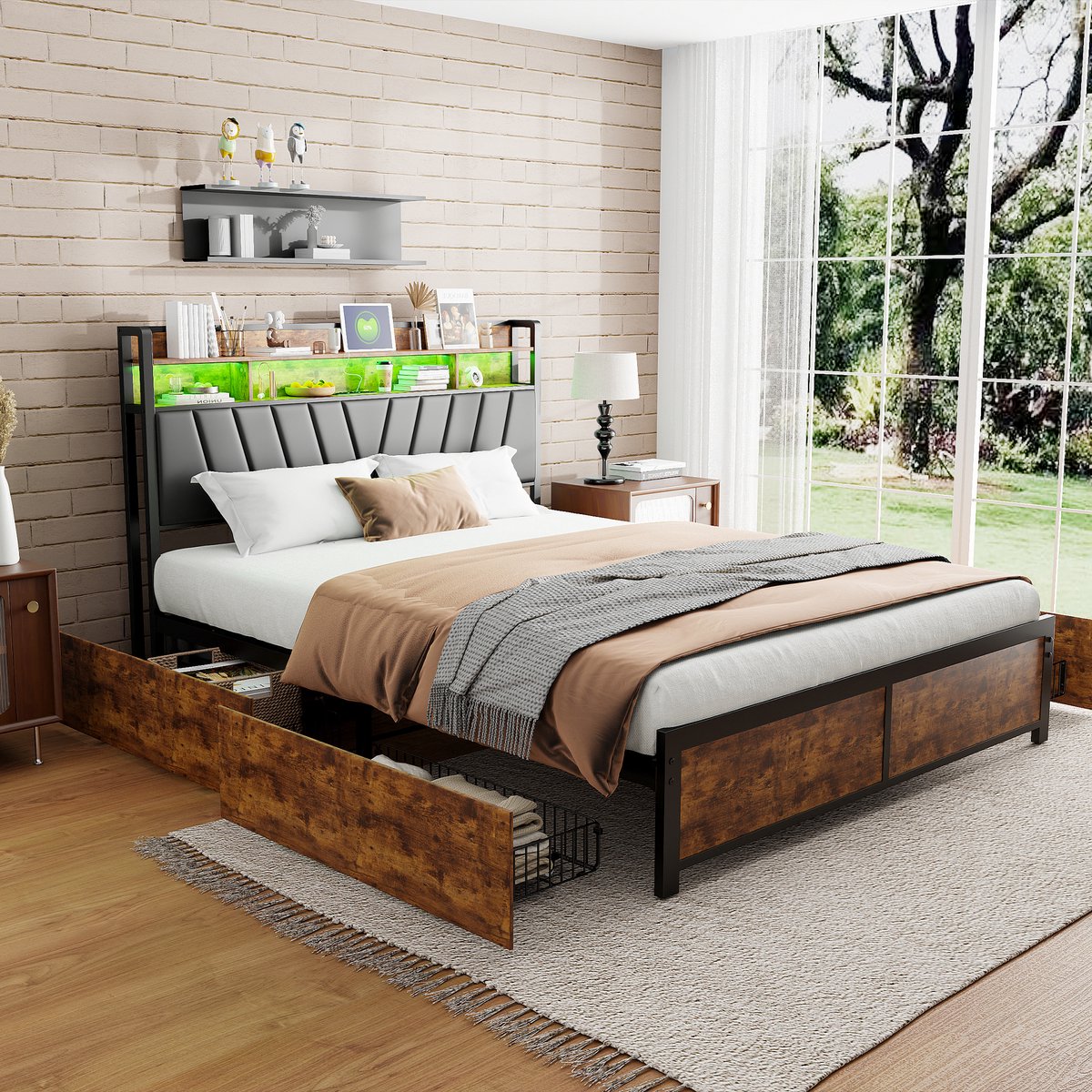 Tweepersoonsbed - 180x200 cm - LED Verlichting en 4 Opberglades - Gestoffeerd Hoofdbord met Opbergruimte - Bed voor Slaapkamer - MDF Metaal PU Leer - Zwart Vintage Bruin - Zonder Matras