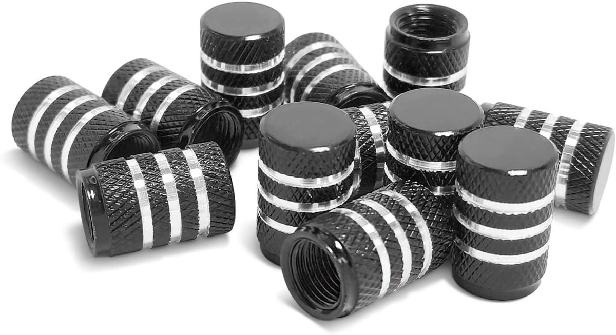 12 Ventieldoppen van Metaal met Rubberring - Aluminium Ventieldoppen voor Auto's, Stofdicht en Duurzaam, Geschikt voor Banden en Velgen (Zwart)