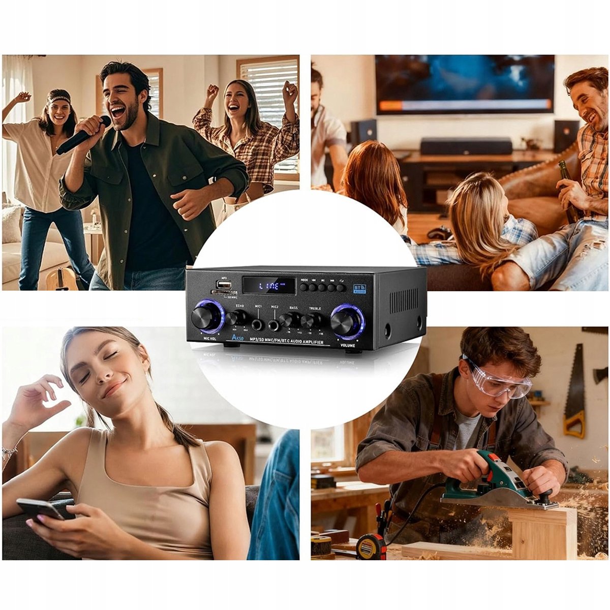Bluetooth Versterker - HiFi Stereo Versterker - Mini Audioversterker - 2.0 Kanaals - 50W+50W - USB/SD - FM Radio - Microfooningang - Afstandsbediening - Bas & Treble Instelbaar - Voor Karaoke & Home Cinema thumbnail 4