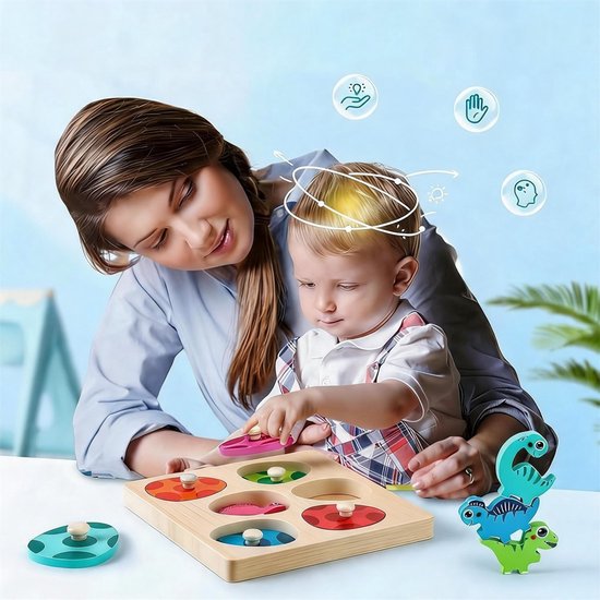 Montessori Knoppuzzel - Houten Puzzel Kinderen - 6 Vrolijke Kleuren - Puzzelstukken met Knop - Kleuren, Vormen en Dieren Leren - Oefent Fijne Motoriek - Voor Peuters van 12-36 Maanden van AKKEE — afbeelding 5