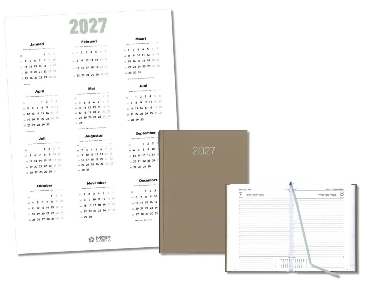 MGPcards - Bureau Dag-agenda 2027 - H42 Padua - A5 - 1 dag per pagina - 6-talig - Gewatteerde omslag - 14.8 x 21 cm - Mat Taupe + Jaar kalender - Kalender 2027 - Wandplanner - Jaarplanner - Grote planner - A2 formaat - Poster - 42 x 59,4 cm