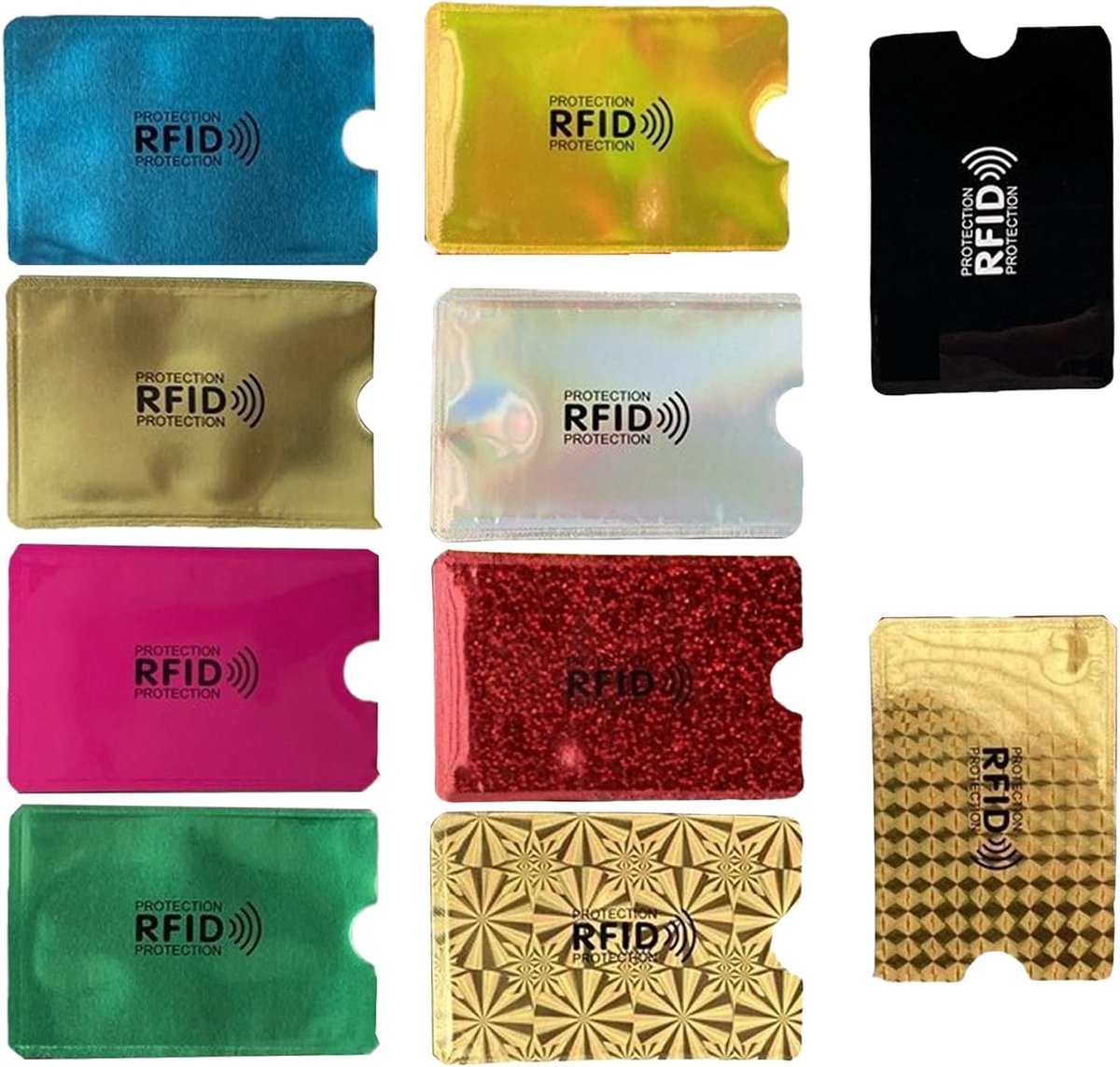 Set van 10 RFID blokkering kaartcovers, NFC beschermhoes voor creditcards, kleurrijke bescherming tegen diefstal en datalekken voor bankkaarten en persoonlijke gegevens