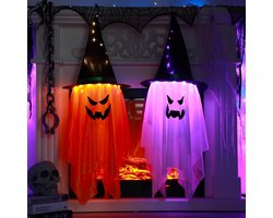 2 Stuks Grote Verlichte Spookjes met Heksenhoed - Batterijgevoed - Halloween Hangende Decoratie voor Buiten & Binnen - Gloeiende Spookversiering voor Boom, Tuin, Erf & Huis - Griezelig & Sfeervol- Eenvoudig op te Hangen - Perfect voor Halloween Feest