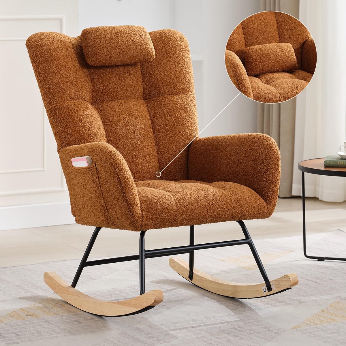 Triumpunpre - Gestoffeerde Schommelstoel - Teddy Fleece Verzachte Wipstoel met Hoog Rugleuning en Zijzak - Teddy Fleece | Bruin