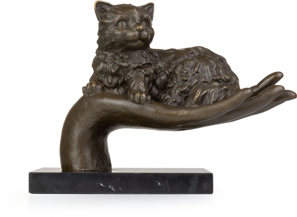 Moritz bronzen sculptuur kat op open hand – brons – H 19,5 cm – plastisch dierenbeeld op marmeren sokkel met vilt – gedetailleerd verzamelobject met rustige uitstraling