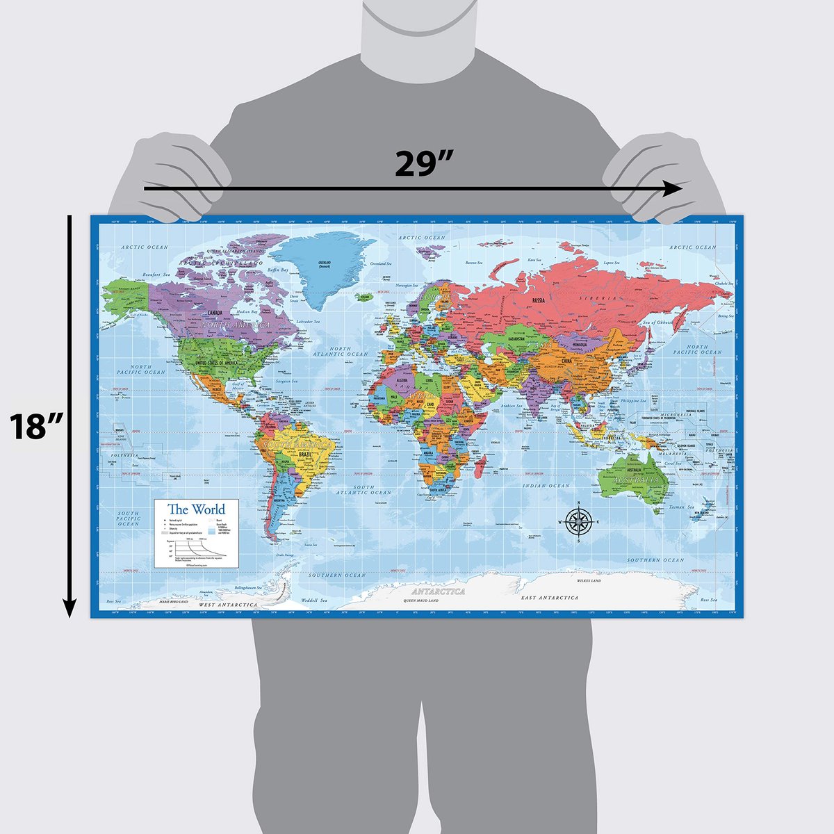 Gelamineerde wereldkaart poster - wandkaart kaart van de aarde - 45,7 cm x 73,7 cm (blauw) - ShopVlot