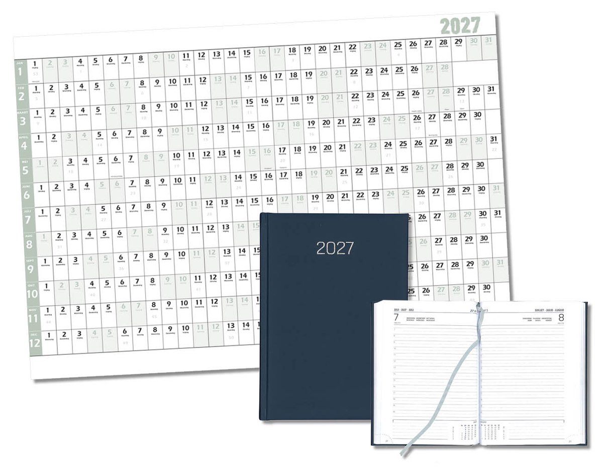 MGPcards - Bureau Dag-agenda 2027 - H42 Padua - A5 - 1 dag per pagina - 6-talig - Gewatteerde omslag - 14.8 x 21 cm - Mat Donkerblauw + Jaar kalender - Kalender 2027 - Wandplanner - Jaarplanner - Grote planner - A1 formaat - Poster - 84 x 60 cm