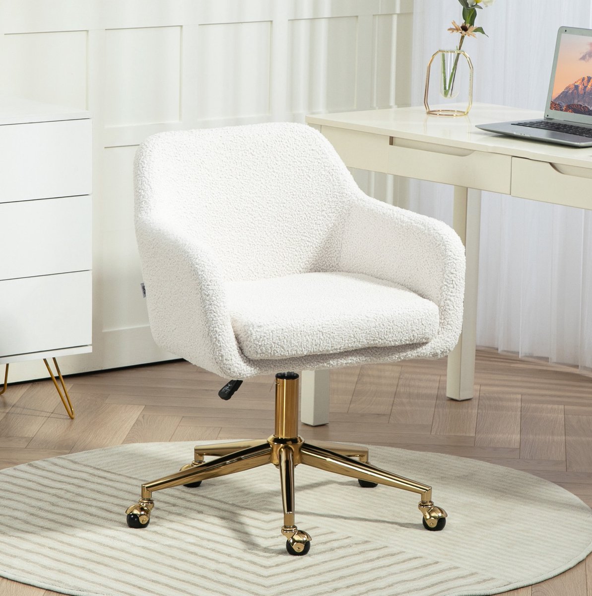 REDOM - Bureaustoel - Verstelbare zithoogte - 360° draaibaar met wielen - Met vaste armleuningen - Moderne stijl - Bureau en studeerkamer - Stof en metaal - Crèmewit - 60 x 61 x 79-88 cm