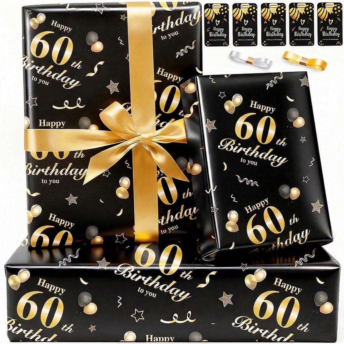Elzusha - Cadeaupapier in Zwart en Goud voor Verjaardagen, Set van 5