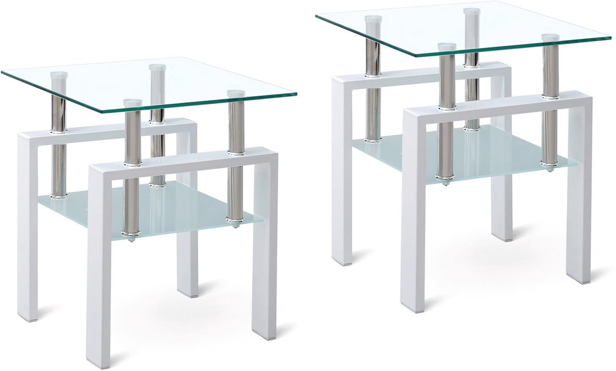 Bijzettafel Set Van 2 - Vierkant Transparant Gehard Glas Met Twee Lagen - Opbergruimte Voor Woonkamer En Slaapkamer - Metaal - 50,5 X 50,5 X 23 Cm - Wit