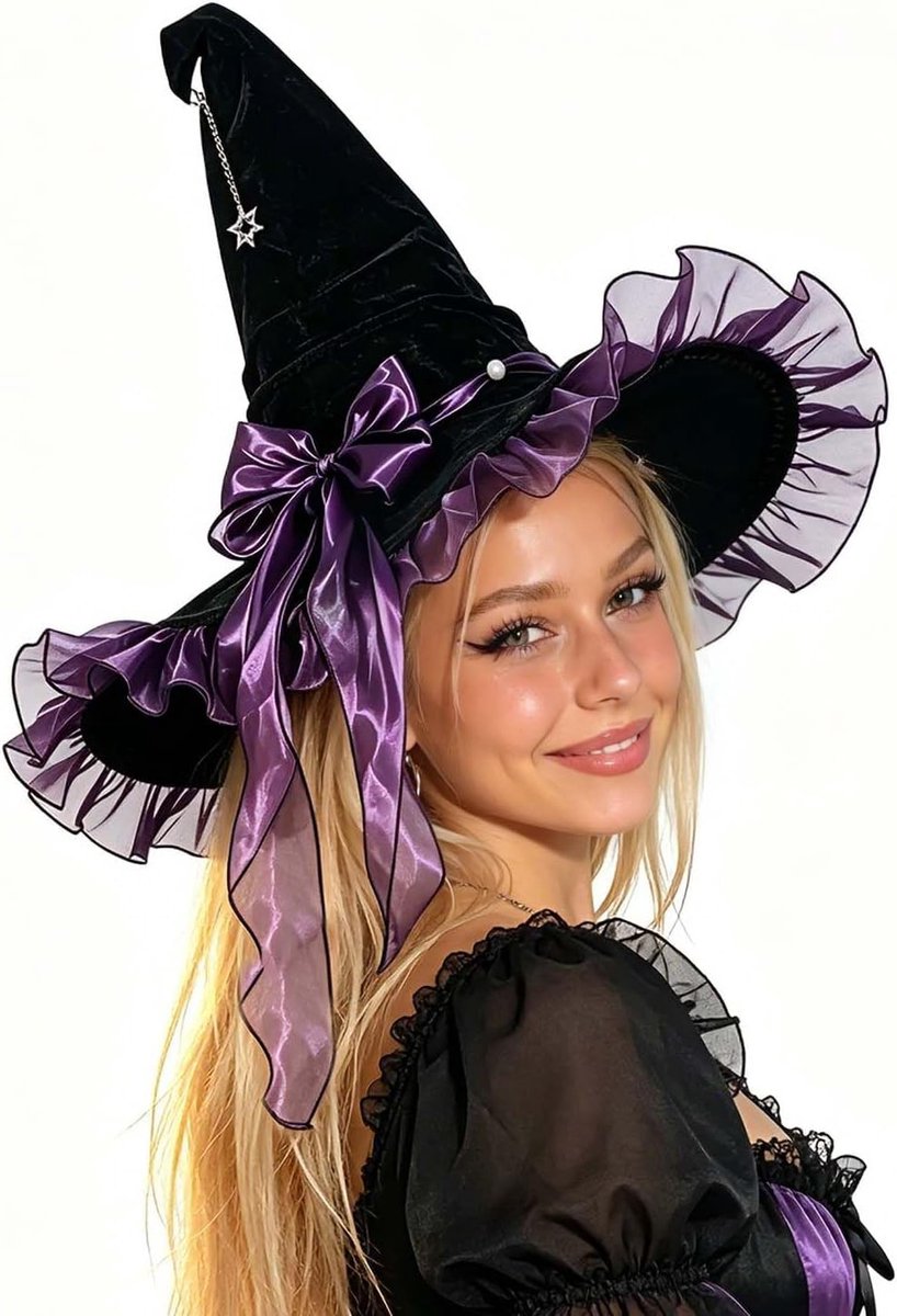 Zwarte Fluwelen Heksenhoed met Paars Ruche en Sterhanger voor Halloween, Verkleedpartijen en Kostuumfeesten