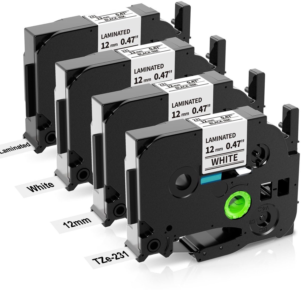 Elzusha - TZe Tape Laminated - Zwart op Wit - 12mm - 4 Stuks