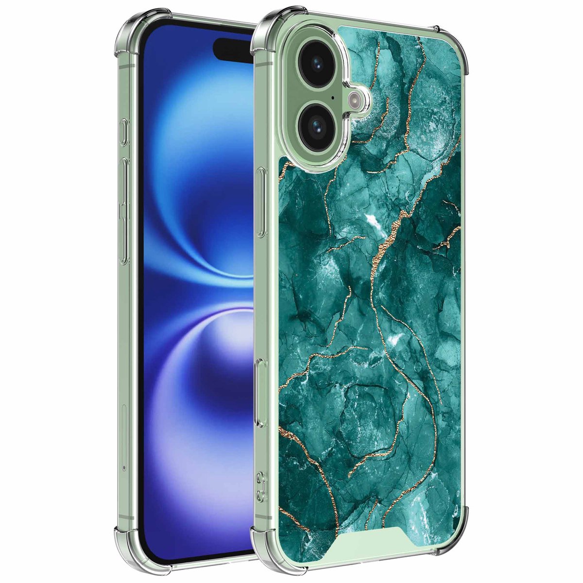 Smartphonica Geschikt voor iPhone 16 Telefoonhoesje met Groen Goud Marmer opdruk - Draadloos op te laden - Shockproof Siliconen TPU Strong Case - Sterk Schokbestendig Telefoonhoesje geschikt voor iPhone 16