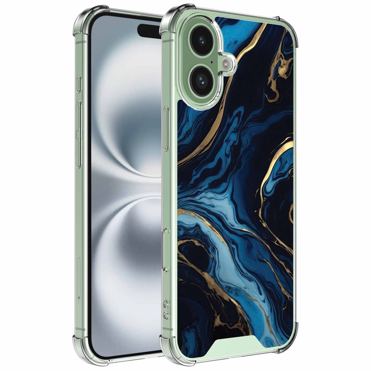 Smartphonica Geschikt voor iPhone 16 Plus Telefoonhoesje met Goud Blauw Marmer opdruk - Draadloos op te laden - Shockproof Siliconen TPU Strong Case - Sterk Schokbestendig Telefoonhoesje geschikt voor iPhone 16 Plus