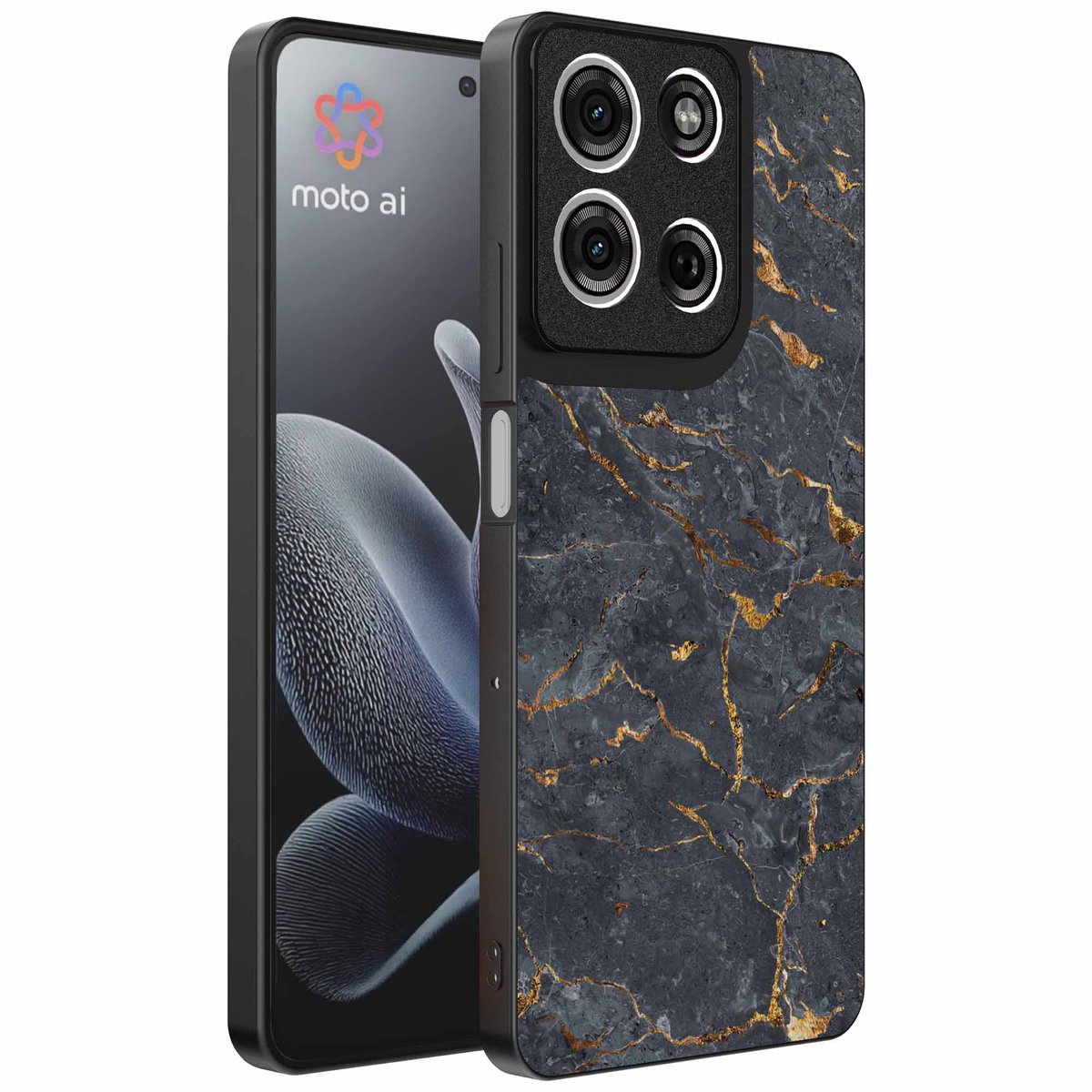 Geschikt voor Motorola Edge 70 Telefoonhoesje met Grijs Goud Marmer Opdruk - TPU Backcover Case Grey Gold Marble Design - Zwart - Smartphonica geschikt voor Motorola Edge 70