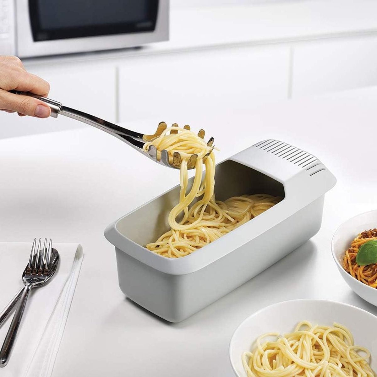 Magnetron Pastakoker - Noedelkoker Zeef - Snel Pasta Koken - Vaatwasmachinebestendig Ontwerp - 30 x 14 x 10 cm - Wit