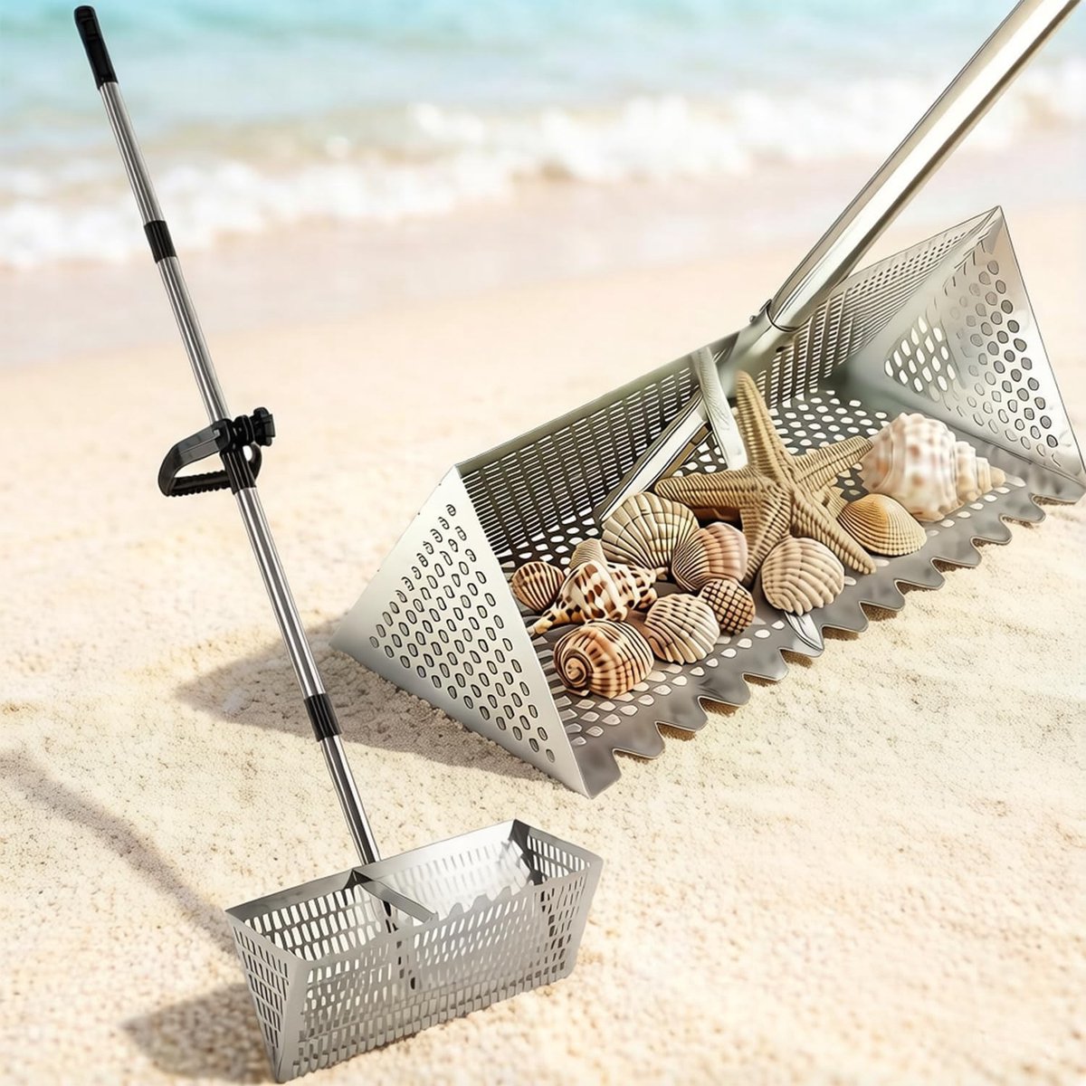 Grote Riek voor het Strand, Roestvrijstalen Schep en Zeef, 40 cm Breed met Haakvormige Tanden en 140 cm Verlengbare Handgreep, Ideaal voor Schatzoeken en Strandactiviteiten