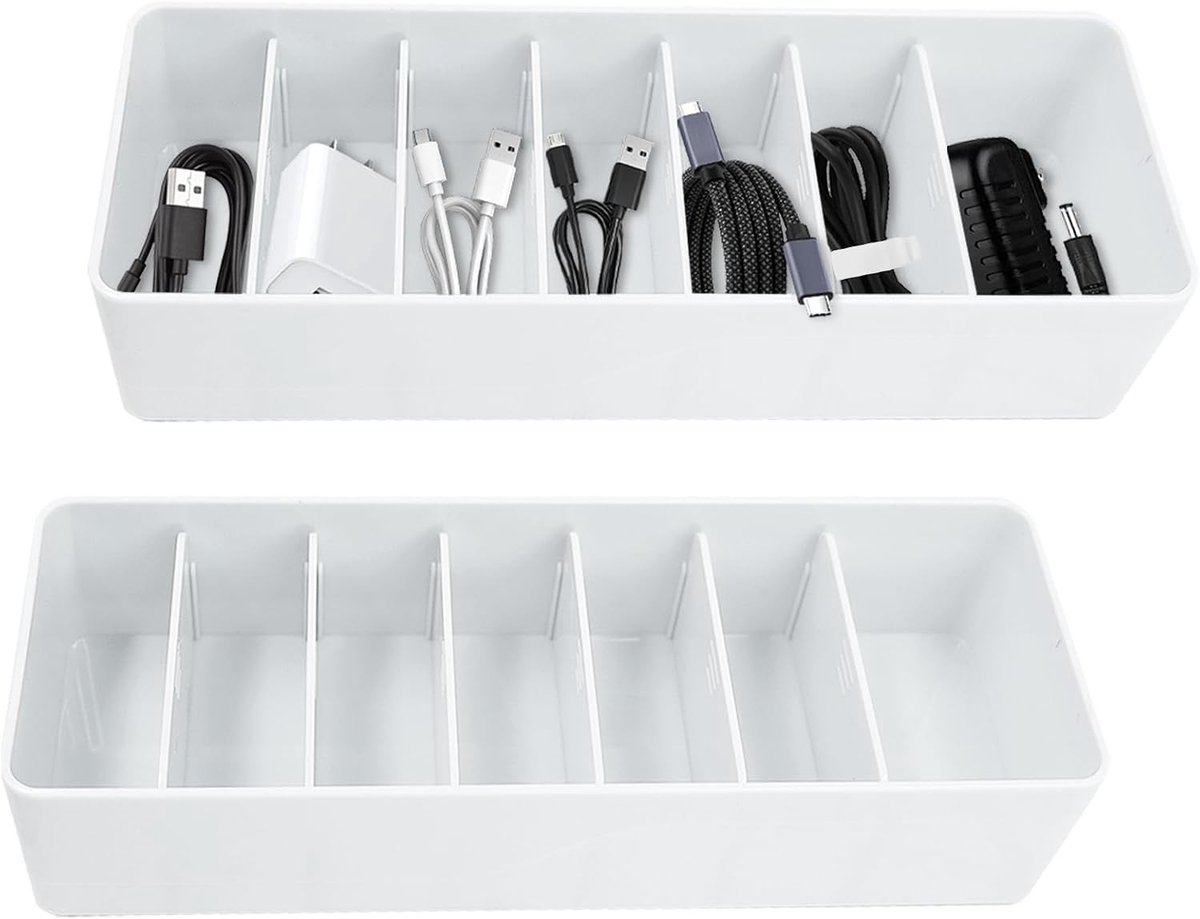 Verstelbare kabelopberger met 14 kabelbinders voor het opbergen van laadkabels, USB-kabels en elektronische accessoires - 2-delige set in wit