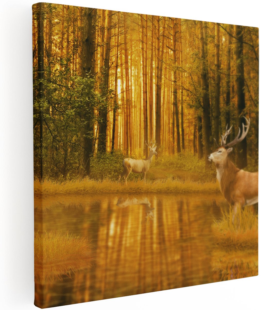Artaza Canvas Schilderij Twee Herten In Het Bos Bij Het Water - 100x100 cm - Groot - Wanddecoratie Woonkamer - Schilderijen - Muurdecoratie
