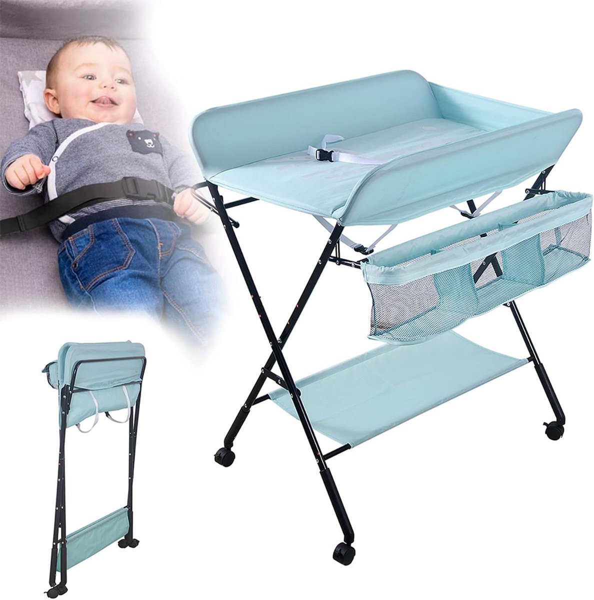 Baby commode - Verschoontafel - Baby verzorgen - In hoogte verstelbaar - 80 x 66 x 98 cm - Blauw