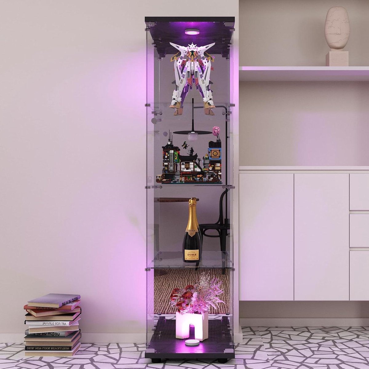 Glazen Vitrinekast - Stellingkast Display - Collecties Tonen - Verlicht Met Spiegel - 167 cm Hoog - Zwart