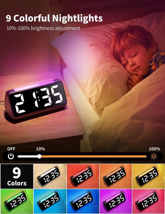 Digitale Kinderwekker - Nachtlamp Klok - Wakker Worden - Instelbare Helderheid - Rechthoekig - Zwart Wit — afbeelding 4