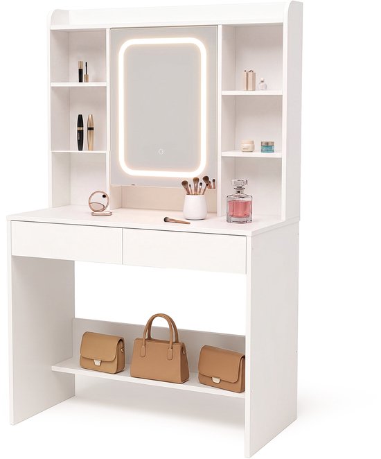 Witte kaptafel met LED spiegel, open en gesloten opbergvakken, lades en onderste plank met handtassen.