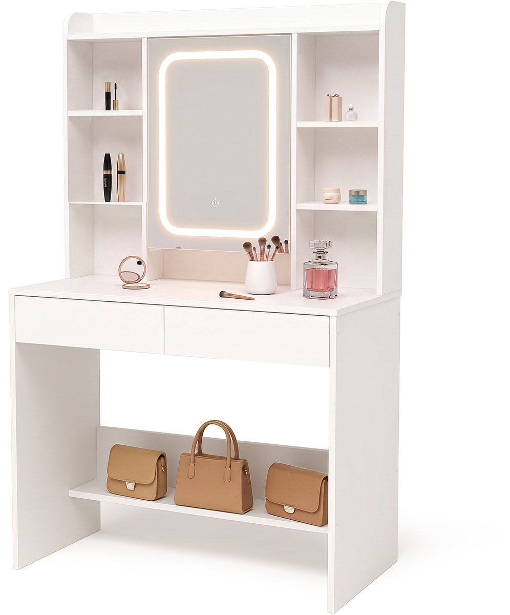 Infinity Goods Kaptafel met LED Spiegel - Make Up Tafel - Extra Veel Opbergruimte - Dimbaar - Wit