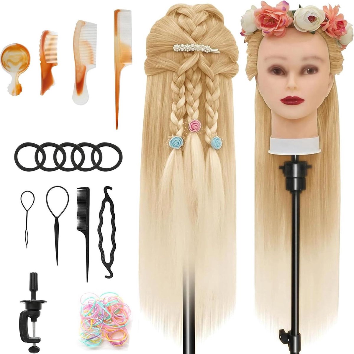 Trainingshoofd Haar - Kappershoofd Oefenhoofd - Haar Stylen Oefenen - Synthetisch Vezelhaar - 28 Inch - Bruin