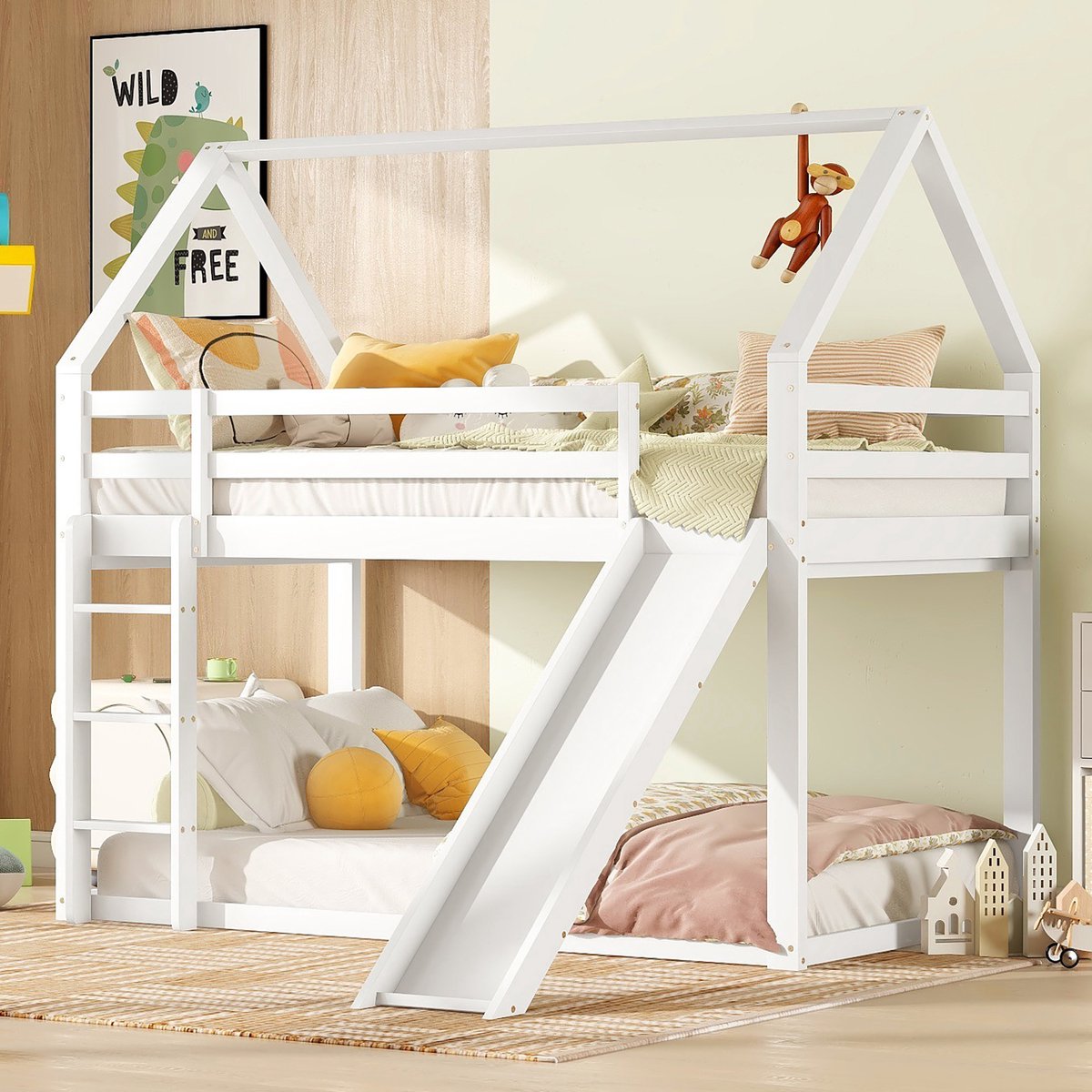 Huisbed met glijbaan en ladder - speels en veilig voor de kinderkamer - 90x200 cm eenpersoons - wit - omkeerbare glijbaan en ladder - massief grenen frame - valbeveiliging rondom