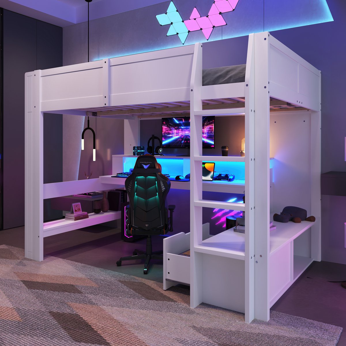 Hoogslaper 140x200 cm - gaming en studiebed met bureau, lade en opbergrekken - eenpersoons - wit - 16 kleuren LED-verlichting - stevig massief grenen frame - veiligheidshekken rondom