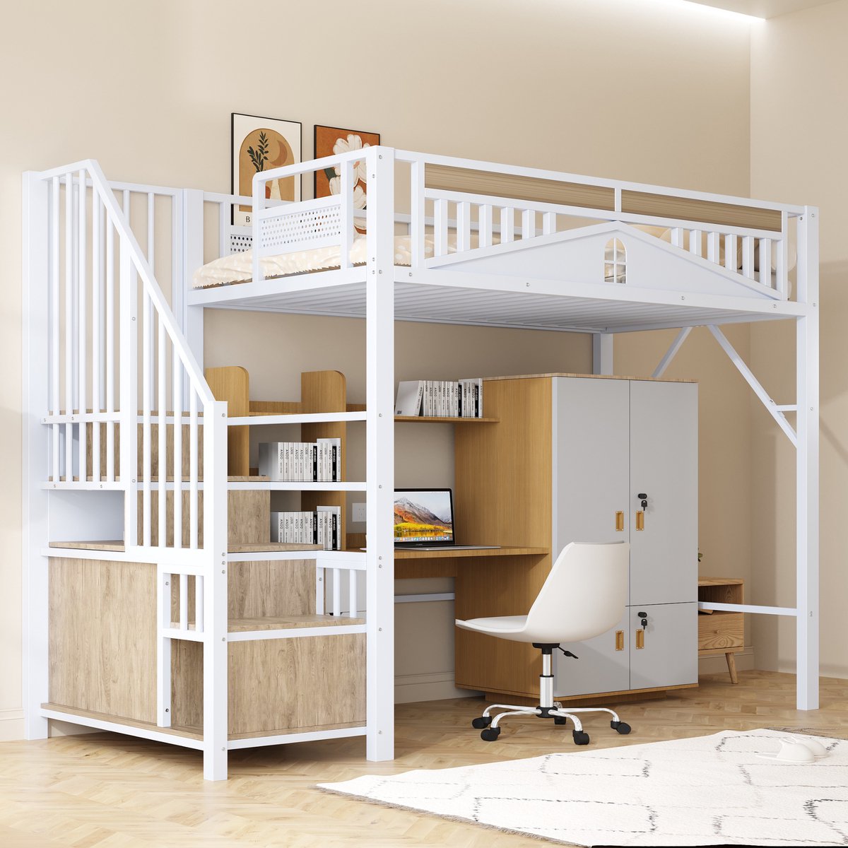 Metalen hoogslaper 90x200 cm - Uniek veiligheidsrek met raam en houten paneel, opbergtrap met kastjes - Wit - Open speel- en leerruimte onder het bed, ideaal voor compacte kinderkamers