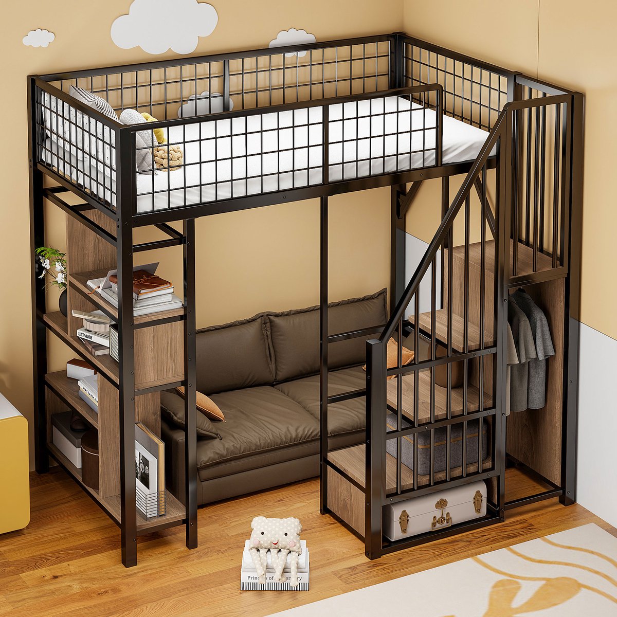 Metalen hoogslaper - met opbergtrap, kasten en legplanken - 90x200 cm eenpersoons - zwart - slimme opbergruimte en werkplek onder het bed - stevig frame tot 114 kg