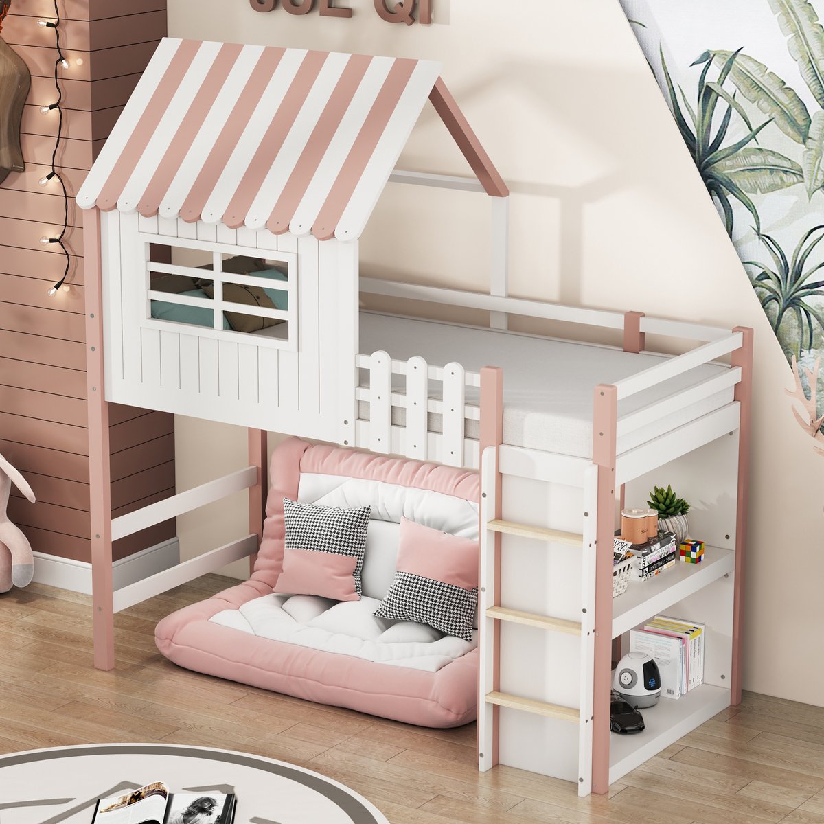 Huisbed 90x200 cm - Halfhoog bed met speelruimte en opbergvak in ladder - Roze - 30 cm veiligheidsreling en massief grenen frame - 25-delige lattenbodem inbegrepen