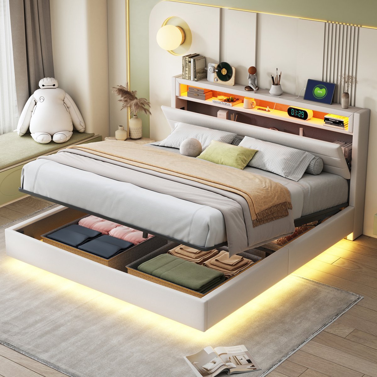 Gestoffeerd tweepersoonsbed 160x200 cm - Zwevend frame met hydraulische opbergruimte en draaibaar hoofdeinde - Beige linnen - USB-laadstation en LED-sfeerverlichting
